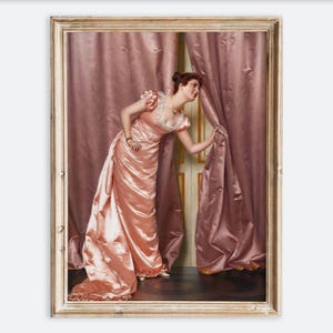 Vintage Woman in Pink Dress Eavesdropping Portrait Painting Wall Art Print, Antique Elegant Lady Poster, Moody Farmhouse Cottagecore VP454