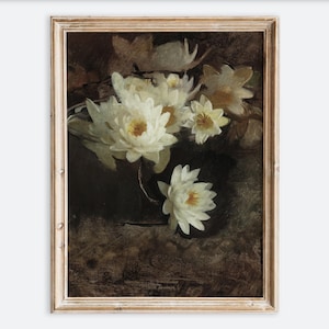 Impresión artística de pared de bodegón con flores de nenúfares amarillas en jarrón de cristal, pintura rústica, póster de granja de estilo oscuro VP135