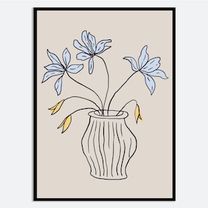 Impresión artística de pared con jarrón azul y amarillo, ilustración de primavera y verano dibujada a mano, póster floral de estética moderna y contemporánea MA85