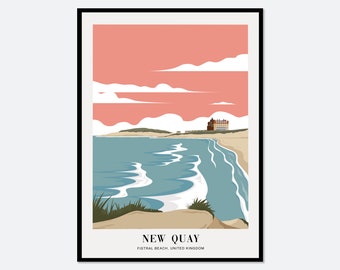 Fistral Beach New Quay United Kingdom Colorful Boho Art Print | Landscape Illustration, Coastal Beach Print, Coastal Travel Poster #TA16