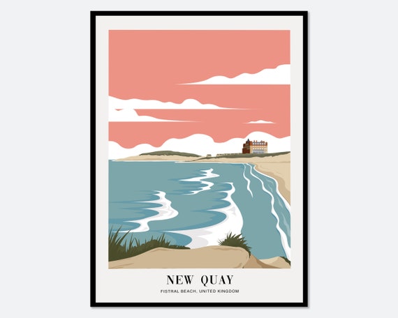 Fistral Beach New Quay United Kingdom Colorful Boho Art Print | Landscape Illustration, Coastal Beach Print, Coastal Travel Poster #TA16