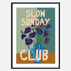 Impresión artística de pared con flores moradas en un jarrón azul / Ilustración floral primaveral y veraniega dibujada a mano, póster estético moderno contemporáneo MA94