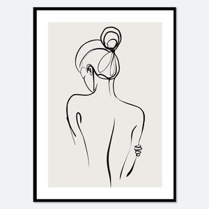 Peut inclure: Une impression d'art mural encadrée représentant un dessin au trait continu noir d'une personne vue de dos. La silhouette porte un chignon et se détache sur un fond beige clair uni. L'œuvre est présentée dans un cadre noir simple.
