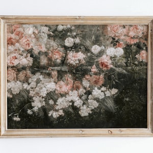 Vintage européen rosier rose fleurs de jardin nature morte impression d'art mural, peinture à l'huile rustique sombre, affiche de ferme de mauvaise humeur ancienne VP59