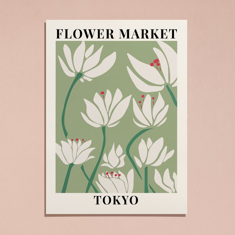 Puede incluir: Un p&oacute;ster verde y blanco con el texto "FLOWER MARKET TOKYO" y una ilustraci&oacute;n estilizada de flores blancas con centros rojos.