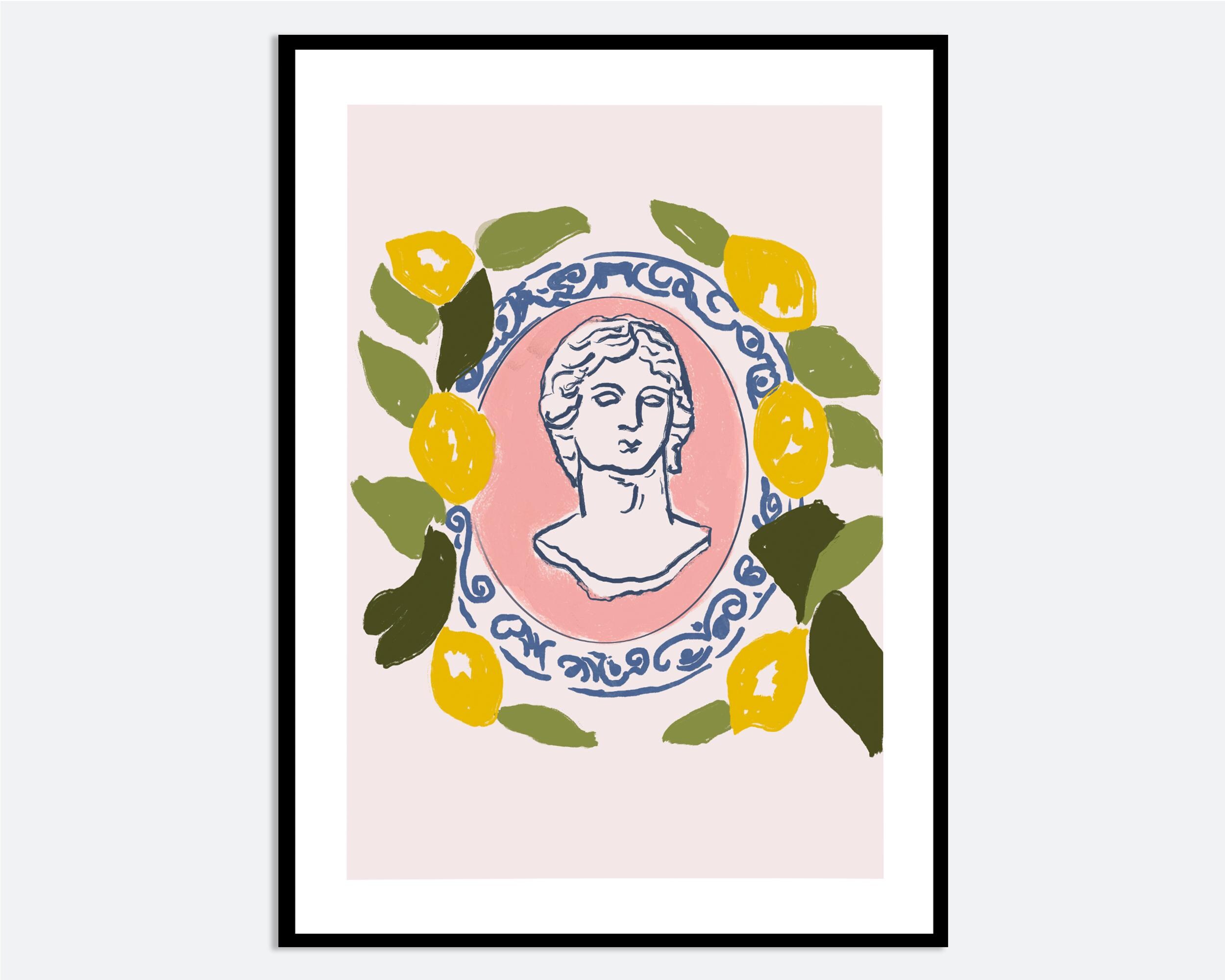 Zitronen-Kranz griechische Büste Ästhetische Wand-Kunst-Druck | Zeitgenössische Handgezeichnete Illustration, Rosa Grün Küche Frühling Sommer Poster MA37