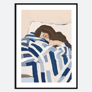 Sleeping Woman Homebody Aesthetic Wall Art Print | Hand Drawn Girl in Bed Illustration, Stripe Blanket Poster, Cozy Contemporary Modern MA53