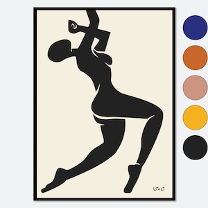 May include: A black silhouette of a person in a dancing pose against a cream background. The image is framed with a black border.