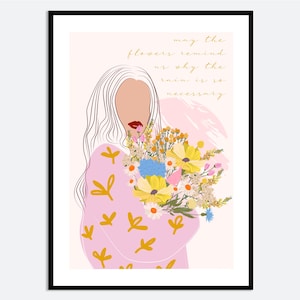 Impression d'art mural femme avec bouquet et citation | Illustration de fleurs printemps-été dessinées à la main, affiche de fille esthétique moderne contemporaine MA59