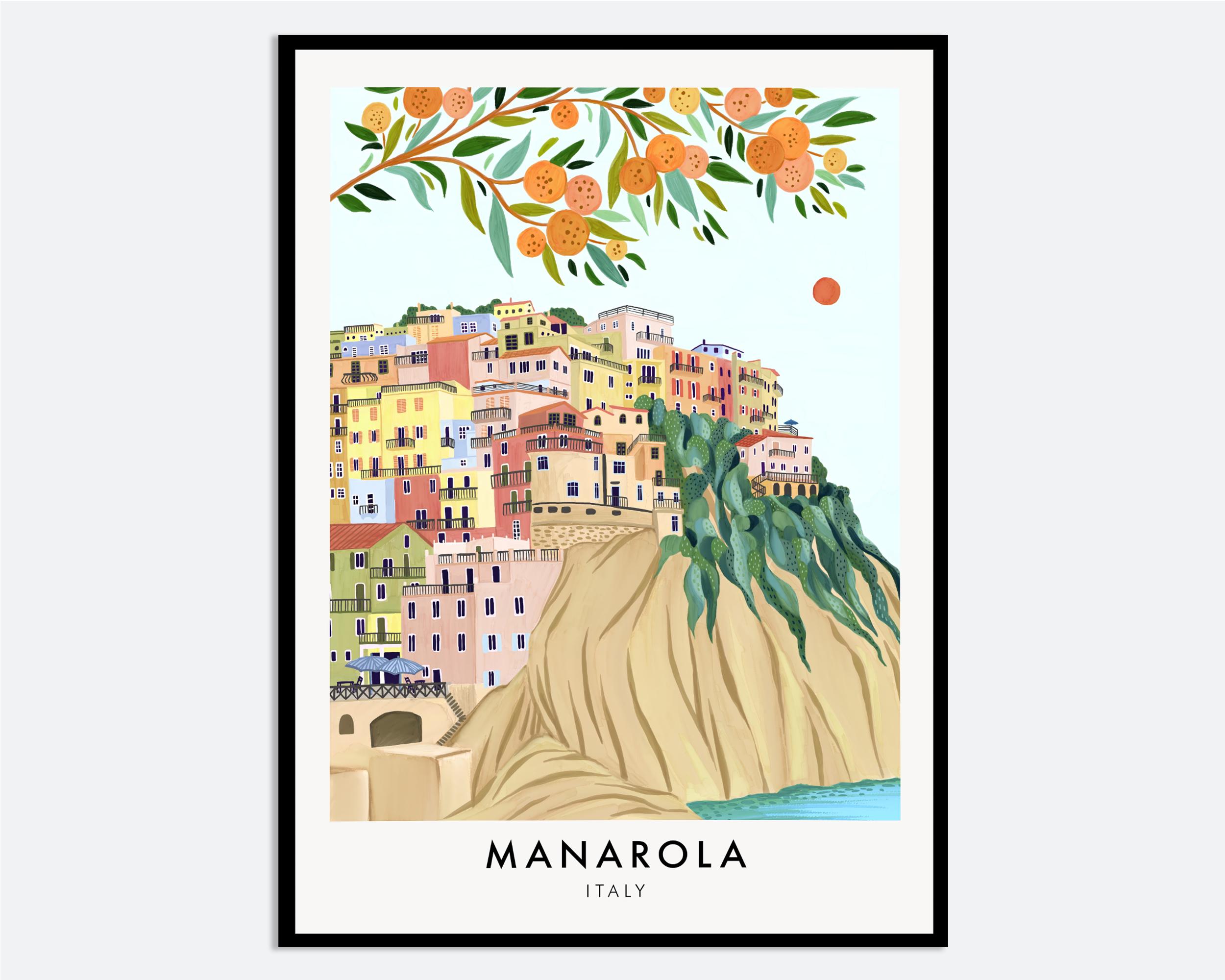 Manarola Cinque Terre Italy Colorful Coastal Ocean Town Villa Travel City Art Print |  Landscape Illustration, Europe Travel Poster TA33