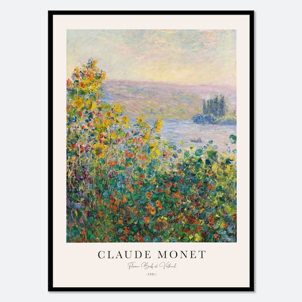 Claude Monet Flower Beds at Vétheuil Vintage Poster Wall Art Print | Flowers Ocean View, Colorful Spring Floral, European Oil Painting  #N72