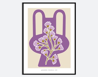 Abstract Purple Vase Pink Flowers Wall Art Print | Contemporary Floral Illustration, Modern Aesthetic Poster, Colorful Botanical Art FM152