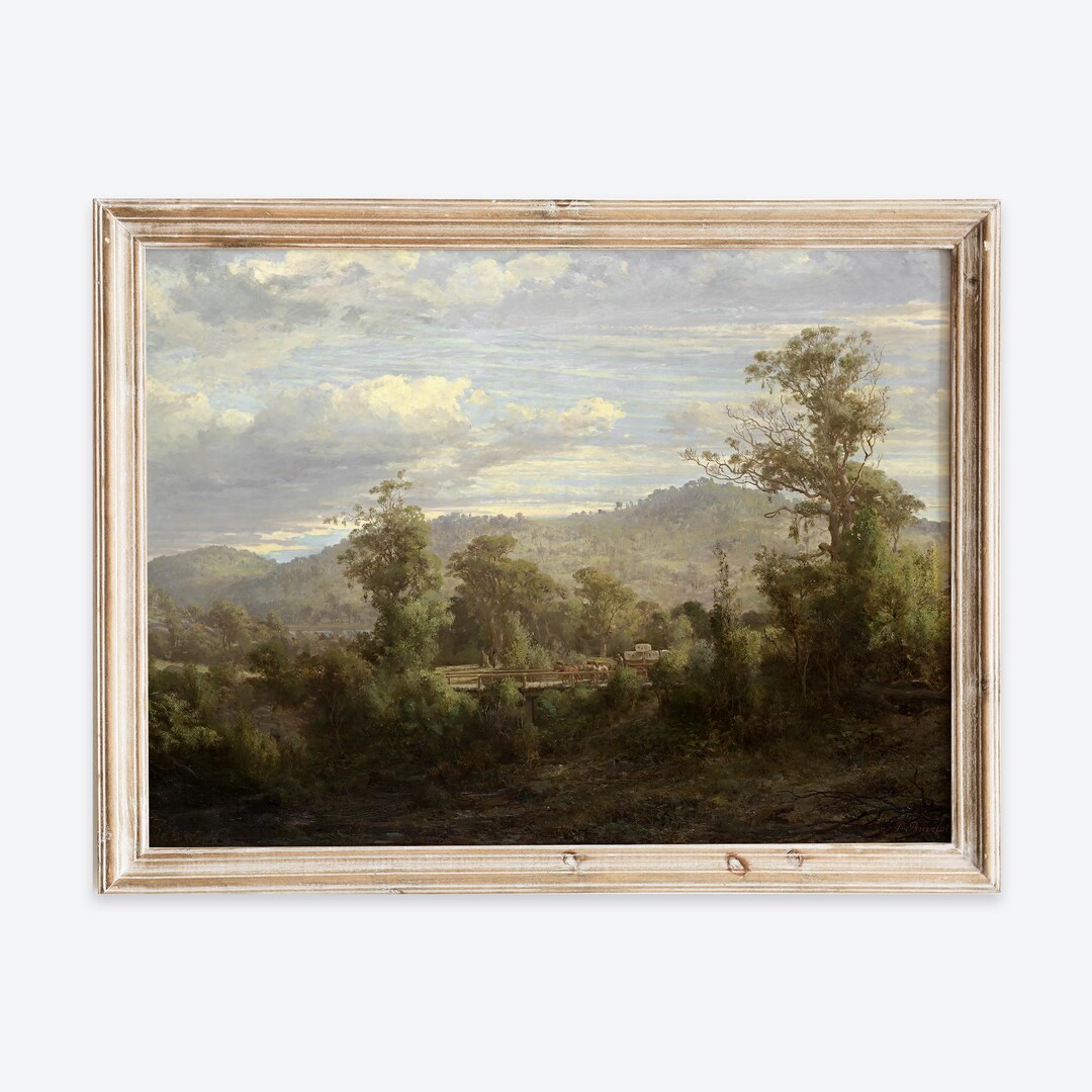 Rustic Vintage Countryside Scenery Oil Painting Wall Art Print, Neutral ...