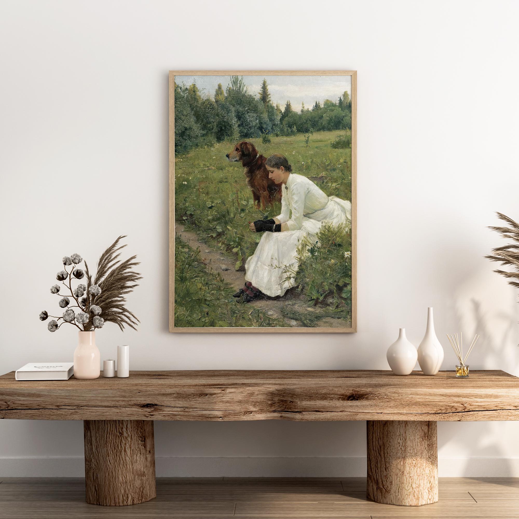 Vintage Rustic Girl With Her Dog Portrait Painting Wall Art Print ...