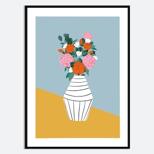 Impresión artística de pared con diseño floral de jarrón a rayas / Ilustración floral contemporánea dibujada a mano, póster de cocina naranja y rosa para primavera y verano MA41