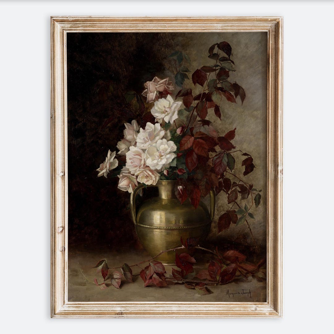 European Vintage Roses Flowers in Brass Vase Still Life Wall Art Print ...