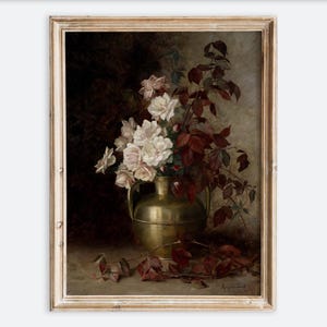 Impresión artística de bodegón con rosas vintage europeas en jarrón de latón, pintura al óleo rústica oscura, póster de estilo rústico de granja VP152