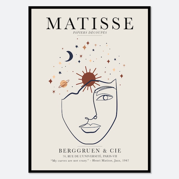 Henri Matisse Single Line Woman Face Vintage Poster Line Art Print | Matisse Print, Matisse Poster, Berggruen and Cie, Papiers Decoupes #M73