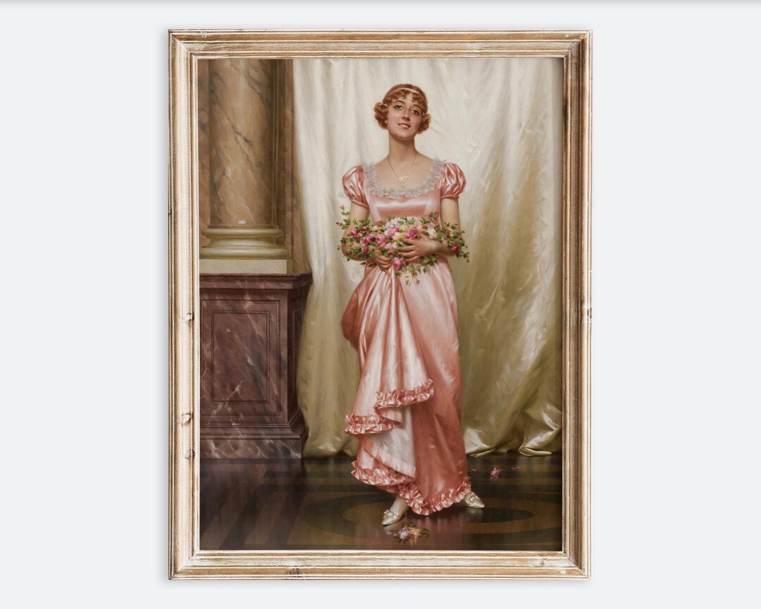 Vintage Woman in Pink Dress With Roses Portrait Painting Wall Art Print ...
