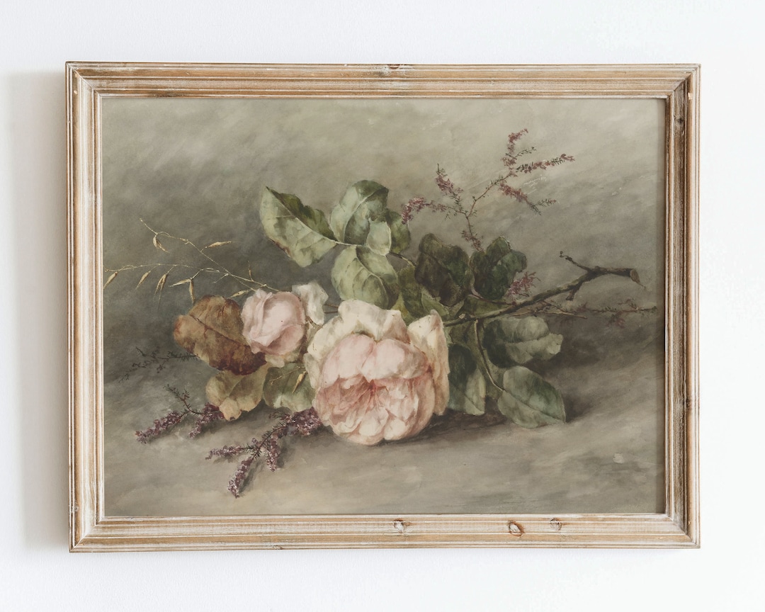 European Vintage Pink Rose Flowers Still Life Wall Art Print, Rustic ...
