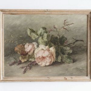 Impresión artística de pared de bodegón con flores rosas vintage europeas, pintura al óleo rústica oscura, famosa casa de campo antigua con un toque neutro y melancólico VP47