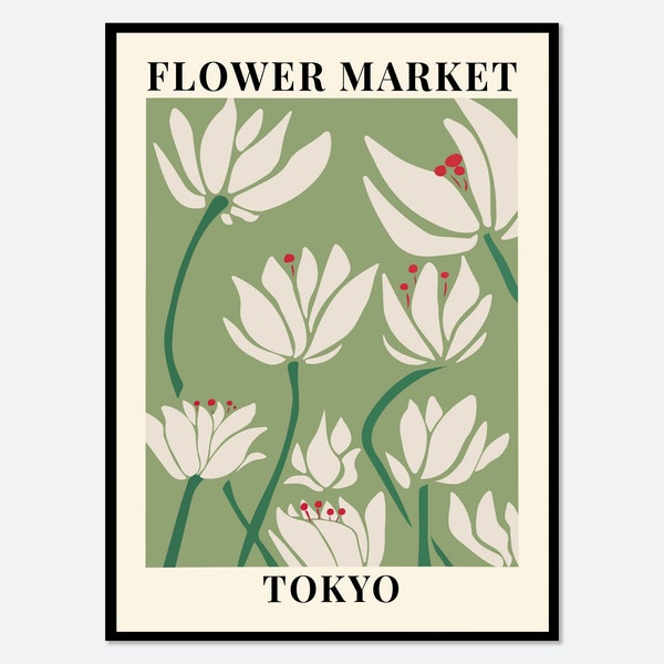 Flower Market Tokyo Colorful Green Botanical Wall Art Print | Spring Flowers Poster, Abstract Floral Wildflowers, Nursery Boys Girls #FM09