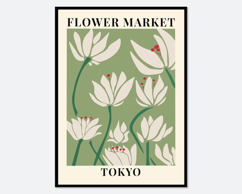 Puede incluir: Un p&oacute;ster verde y blanco con el texto "FLOWER MARKET TOKYO" y una ilustraci&oacute;n estilizada de flores blancas con centros rojos.