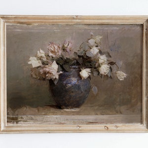 Impresión artística de pared de bodegón con rosas vintage europeas en jarrón, pintura al óleo rústica oscura, famosa casa de campo antigua con un ambiente neutro y melancólico, VP46