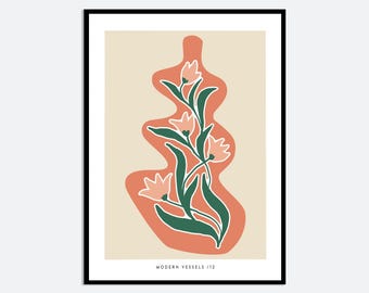 Abstract Orange Vase Pink Flowers Wall Art Print | Contemporary Floral Illustration, Modern Aesthetic Poster, Colorful Botanical Art FM155