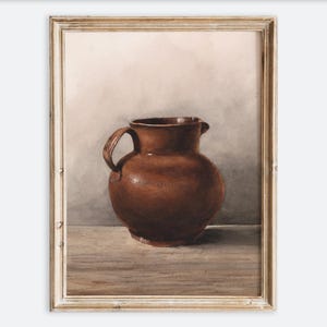 May include: A watercolor painting of a brown ceramic pitcher with a wide base and a rounded body. The pitcher is sitting on a wooden table against a light brown background.