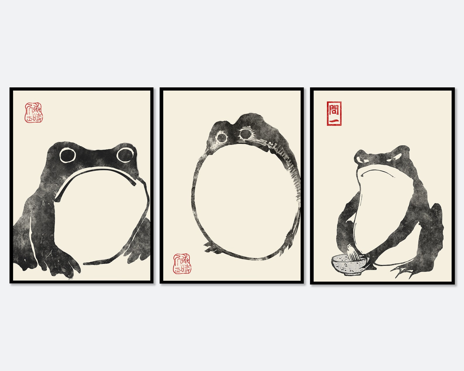 Japanese Frog Matsumoto Hoji Toad Set of 3 Woodblock Art Print Japanese
