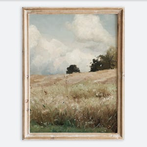 Rustic Vintage European Country Grass Field Oil Painting Wall Art Print, Neutral Muted Landscape Poster, Antique Moody Farmhouse Decor VP103