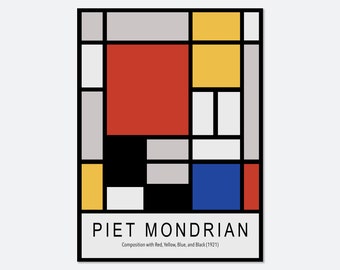 Piet Mondrian Remaster Composition Red Yellow Blue Black Abstract Wall Art Print | Bauhaus Geometric Lines Color Block, Mid Century PM04