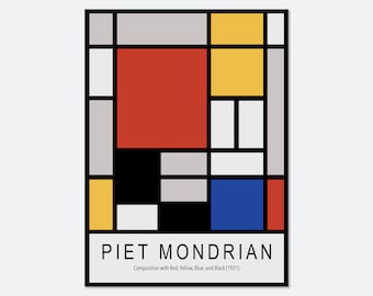 Piet Mondrian Remaster Composition Red Yellow Blue Black Abstract Wall Art Print | Bauhaus Geometric Lines Color Block, Mid Century PM04