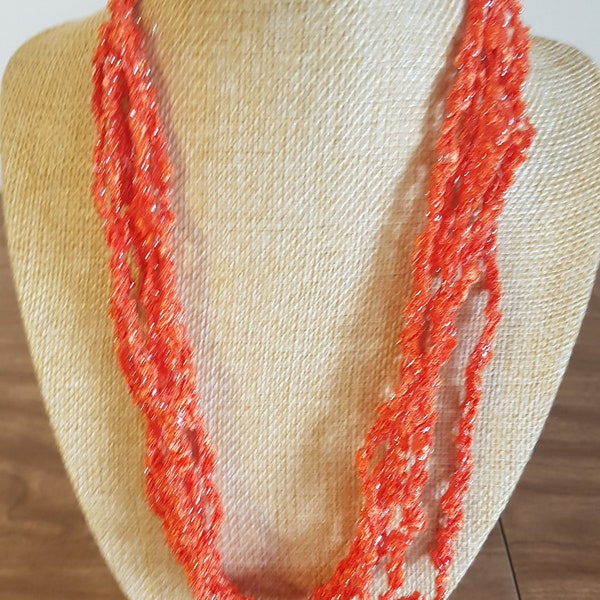 Orange Metallic  Ladder Ribbon Yarn Crocheted Necklace w/Adjustable Bead