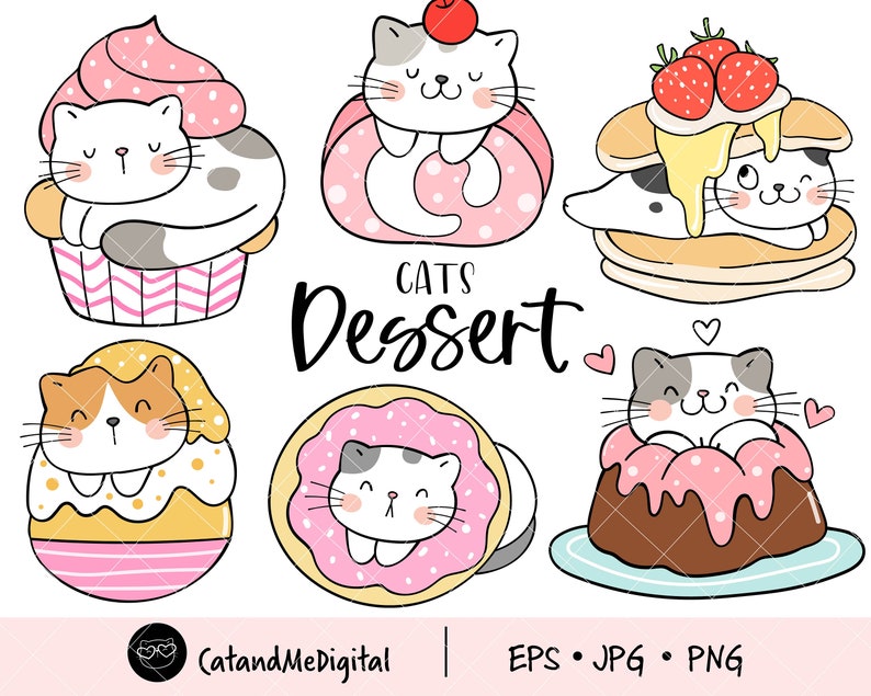 K&ouml;nnte beinhalten: Sechs Comic-Illustrationen von Katzen, die als verschiedene Desserts verkleidet sind. Die Katzen tragen rosa, braunen und wei&szlig;en Zuckerguss und halten eine Auswahl an Desserts, darunter Donuts, Cupcakes und Pfannkuchen. Der Text "Cats Dessert" ist in schwarzer Kursivschrift geschrieben.