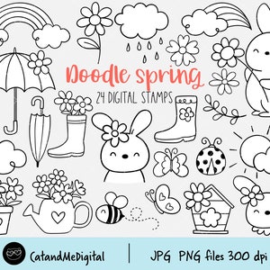 Doodle Frühling, digitaler Stempel, Frühling, Clipart, Handgezeichneter Stempel, Häschen, Blume, Regenbogen, Stiefel, Wolke, Wetter Malseite als png