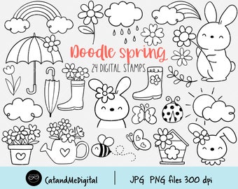 Doodle spring digital stamp Doodle outline Spring clipart Hand draw coloring Bunny, Flower, Rainbow, Boot, Cloud, Weather Coloring page png