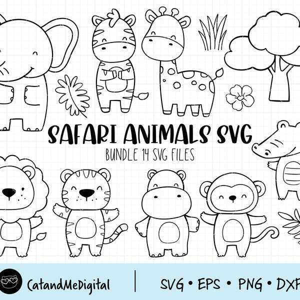 Safari Tiere Svg Umriss Safari Svg Dschungel Tiere Svg Digitale Stempel Färbung Svg Clipart Giraffe Tiger Löwe Zebra Dxf geschnitten Datei ClipArt