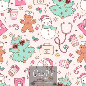 Pink christmas nurse seamless pattern Nurse life seamless Christmas repeating pattern Pastel christmas print fabric Christmas digital paper