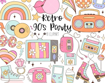 Puede incluir: Un conjunto de 41 imágenes de arte de clip de fiesta retro de los 90. Las imágenes incluyen un arcoíris, una radiograbadora, patines, una cinta de casete, una Game Boy, un teléfono, un televisor, una piruleta, una flor, un corazón, una estrella, una bola de discoteca, un disco, una cinta de casete y gafas de sol.