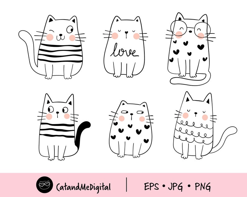 Kawaii Doodle Cat Clipart, Cute Kitten Illustration (PNG, JPG, EPS) - Etsy