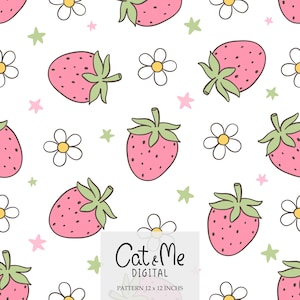 Może przedstawiać: Bezszwowy wzór z różowymi truskawkami, białymi kwiatami oraz zielonymi i różowymi gwiazdkami na białym tle. Tekst "Cat & Me DIGITAL" i "PATTERN 12 x 12 INCHS" jest wyświetlany na dole.
