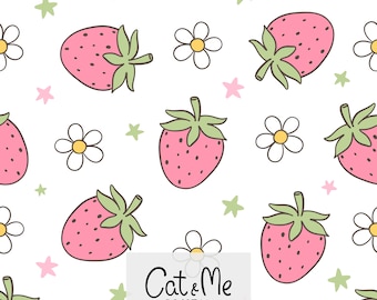 Strawberry pattern Fruit seamless Strawberry repeating pattern Daisy pattern Retro fabric design Sublimation Strawberry daisy digital paper