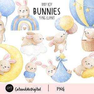 Baby konijntje jongen clipart aquarel konijntjes kinderkamer dieren clipart kinderkamer kunst pasgeboren png babydouche png verjaardagscadeau maan sterren wolken png