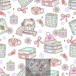 May include: A seamless pattern featuring a variety of winter-themed illustrations, including books, candles, mugs of hot chocolate, snowflakes, and a cozy scarf. The pattern is in a pastel color palette with pink, blue, and green accents. The text "Cat & Me Digital" is included in the pattern.