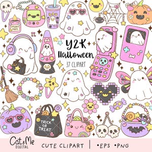 May include: A collection of Y2K Halloween themed digital clipart featuring ghosts, pumpkins, a flip phone, a handheld game console, a lava lamp, skulls, and sweets. The illustrations are in a pastel colour palette with stars and text.