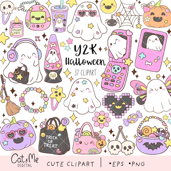 Y2K Halloween Clipart, Cozy Spooky Night PNG, 90s Nostalgia Design, Retro Halloween, (Digital Download)