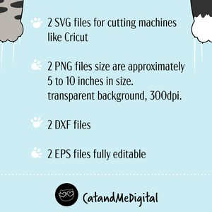 May include: Two paw prints with white claws, one gray and one black, with text describing the digital files included: 2 SVG files for cutting machines like Cricut, 2 PNG files size are approximately 5 to 10 inches in size. transparent background, 300dpi. 2 DXF files, 2 EPS files fully editable. The text also includes the name CatandMeDigital.