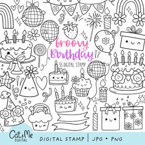 May include: Black and white digital stamp set with a groovy birthday theme. Includes illustrations of cakes, balloons, disco balls, gifts, candles, and party hats. The text "Groovy Birthday" is in pink and purple. The set includes 55 digital stamps.